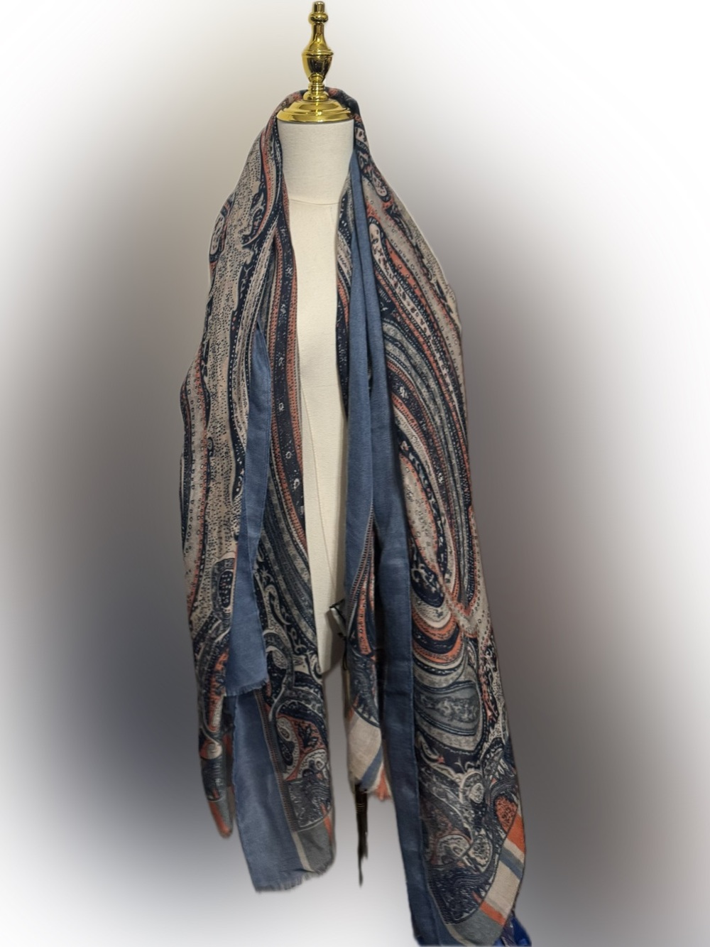 Versatile Paisley Wrap Scarf in Blue and Cream